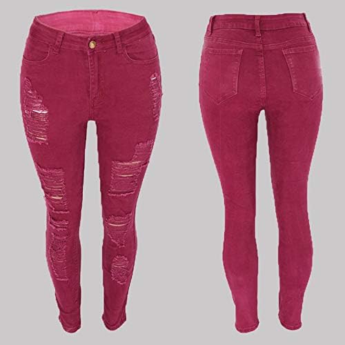 ג'ינס קרוע Foviguo נשים חותלות בברך נמתחות מותניים סקסיות גבוהות במצוקה מכנסי מכנסי מכנסי