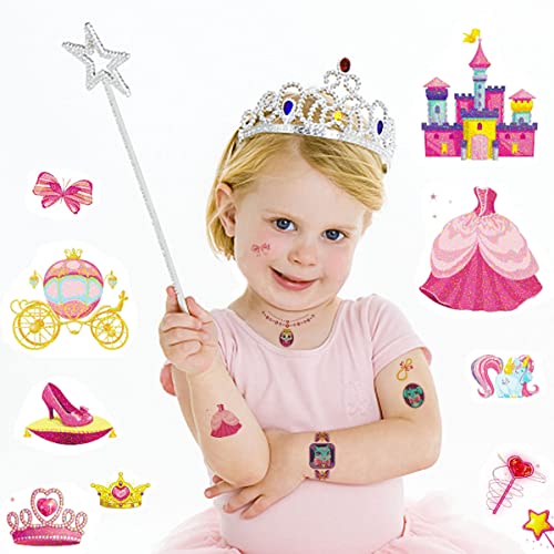 Viwieu Glitter Princess קעקועים זמניים לילדים בתפזורת 15 גיליונות, נערות מבהירות מסיבת יום הולדת