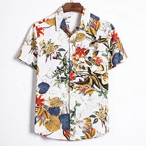 גברים של כותנה פשתן חולצות 2022, קיץ קצר שרוול פרחוני כפתור למטה הוואי חולצה רגוע בכושר בציר מזדמן