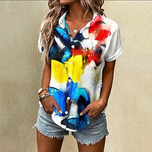 חולצות נשים כפתור שרוול קצר למטה שפיריות שפיריות חולצות הדפסת פרפר חולצות חוף קיץ