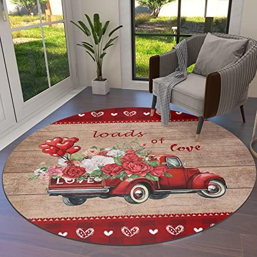 שטיח אזור עגול גדול לחדר שינה בסלון, שטיחים 3ft ללא החלקה לחדר ילדים, משאית אדומה של יום האהבה שמח עם פרחים עץ