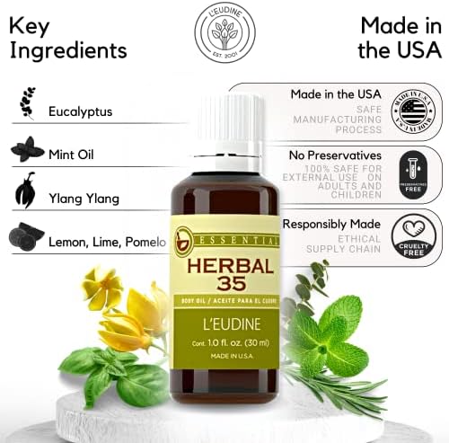 L’Eudine Herbal 35 שמן אתרי - שמנים ארומתרפיים של 1fl oz - אקליפטוס ושמן נענע להקלה על לחץ, כאבי ראש - מקדם