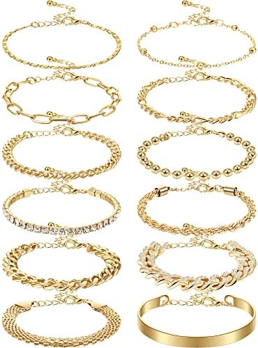 12 יחידות סט צמידי זהב עדינים לנשים בנות מתכוונן צמידי שרשרת קישור בציפוי זהב 14 קראט