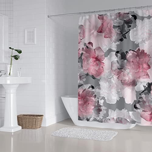 ZXMBF וילון מקלחת פרחים אפור ורוד וילון צבעי מים אדמונית פרחנית פרחית רקע אפור אפור כפרי תקציר אמנות עיצוב