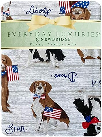 כלבים פטריוטיים של Newbridge ודגל אמריקאי הדפס ויניל פלנל מפת שולחן מגובה, ארהב מקסימה פטריוט מחמד כלבים עיצוב