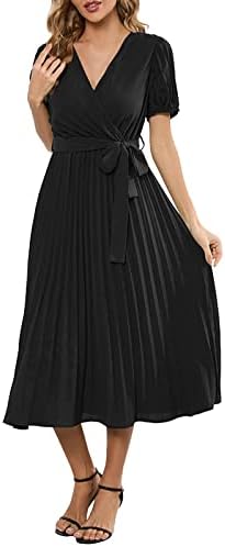 שמלות קיץ של Kulywon נשים 2023 עטוף מזדמן V צוואר שרוול קצר שרוול מקסי שמלת מותניים גבוהה שמלת נדנדה