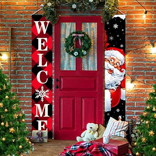 מרפסת לחג המולד באנר חורף ברוך הבא באנר מרפסת קדמית שלג חג מולד שמח שלג סנטה קלאוס דלת דלת לחג