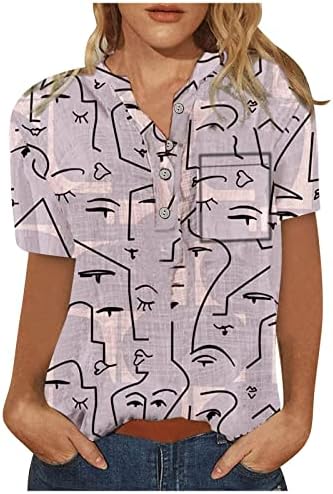 חולצת טריקו קיץ של נוקמופו לנשים עליון אופנה מזדמן כותנה פשתן כפתור מודפס צווארון חולצה עם שרוולים קצרים עם כיס